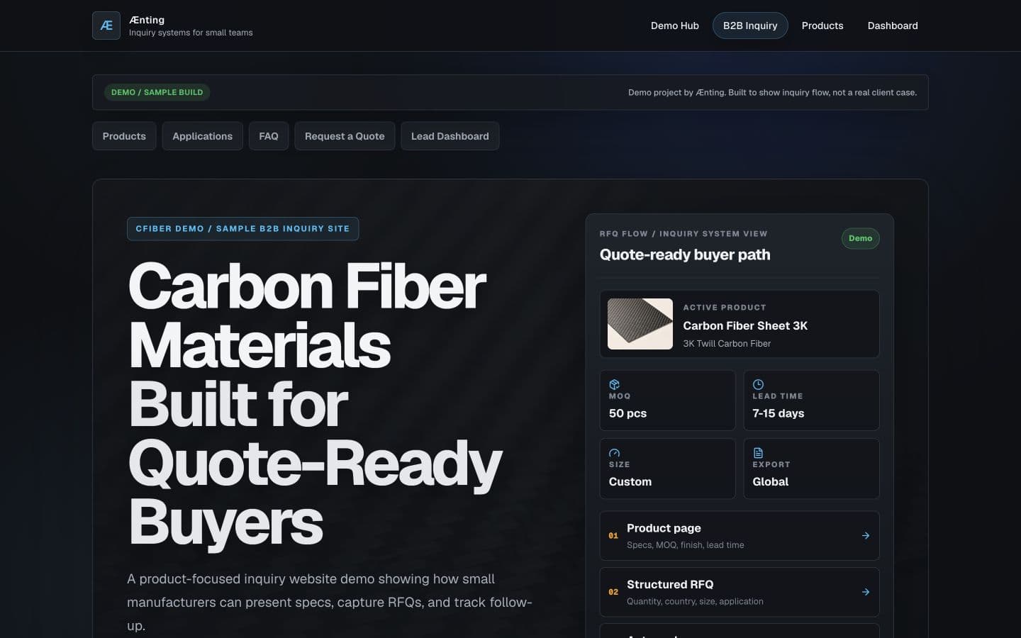 Carbon Fiber B2B demonstration homepage